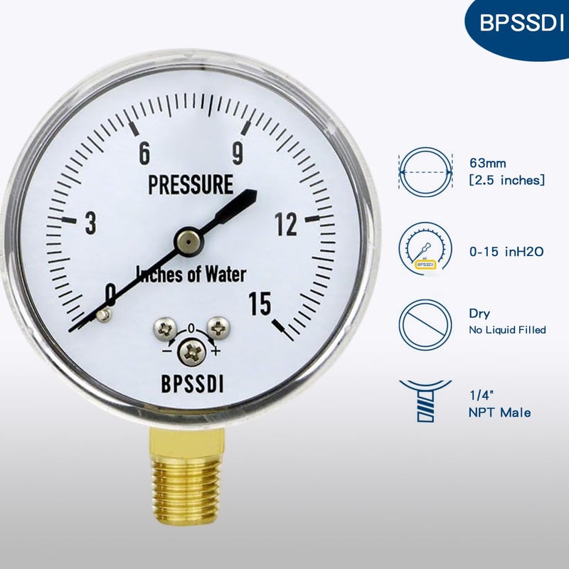 BPSSDI مقياس عمود الماء من 0-15 بوصة، مقياس ضغط منخفض، مقياس كبسولة، علبة من الفولاذ المقاوم للصدأ 304، حجم قرص 2.5 بوصة، تركيب سفلي 1/4 بوصة NPT، ضبط الصفر، لاختبار ضغط الهواء والماء والغاز - Image 2